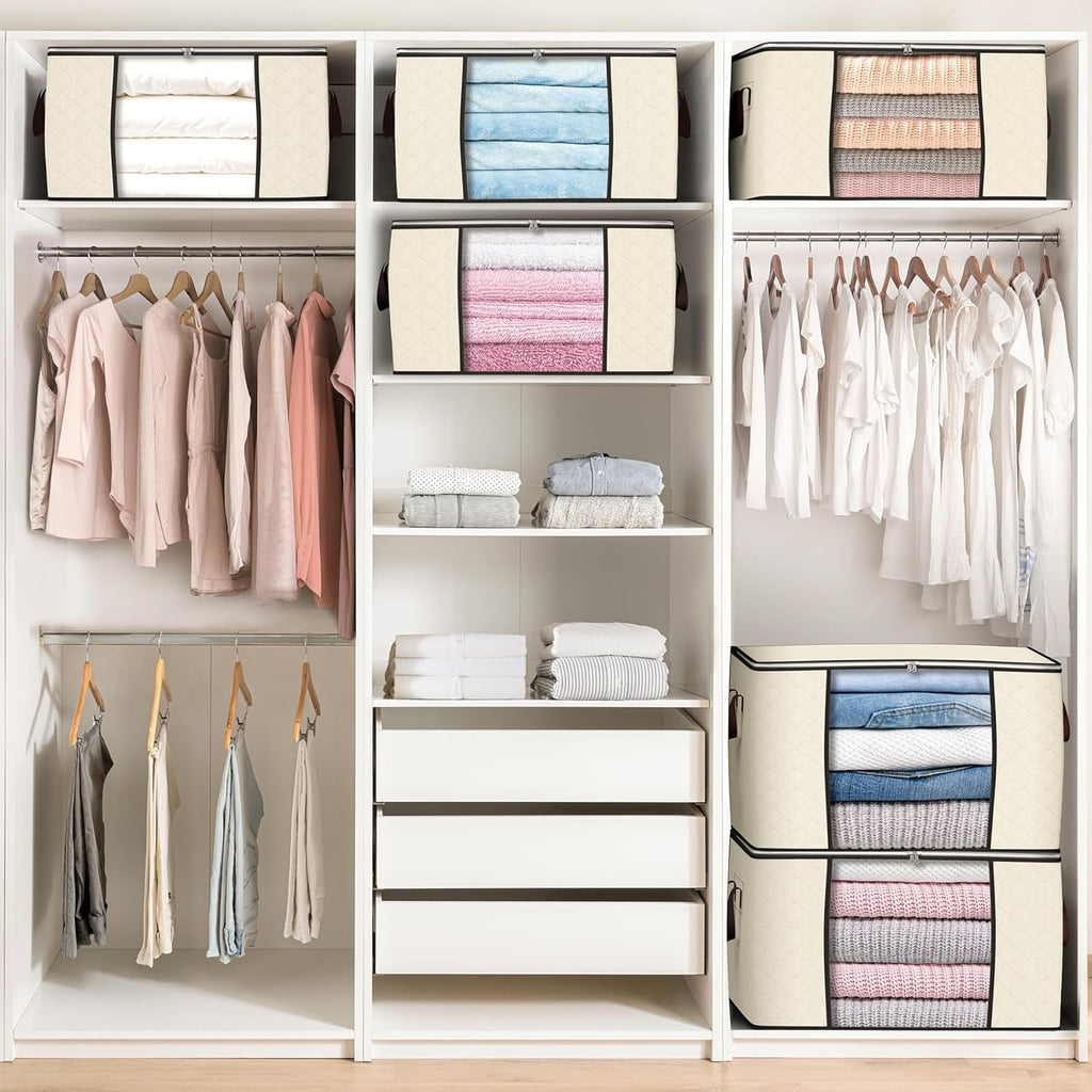 Skiennix 90L Large Storage Bags - 4 Pack Foldable Closet Organizers with Reinforced Handles | Beige