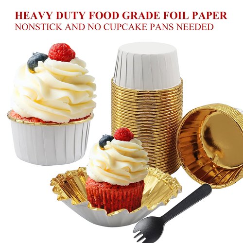 LNYZQUS 5.5 Oz Foil Cupcake Tins Baking Cups, Disposable Ramekins Muffin Tins, Large Cupcake Cups with Spoons-White in Gold