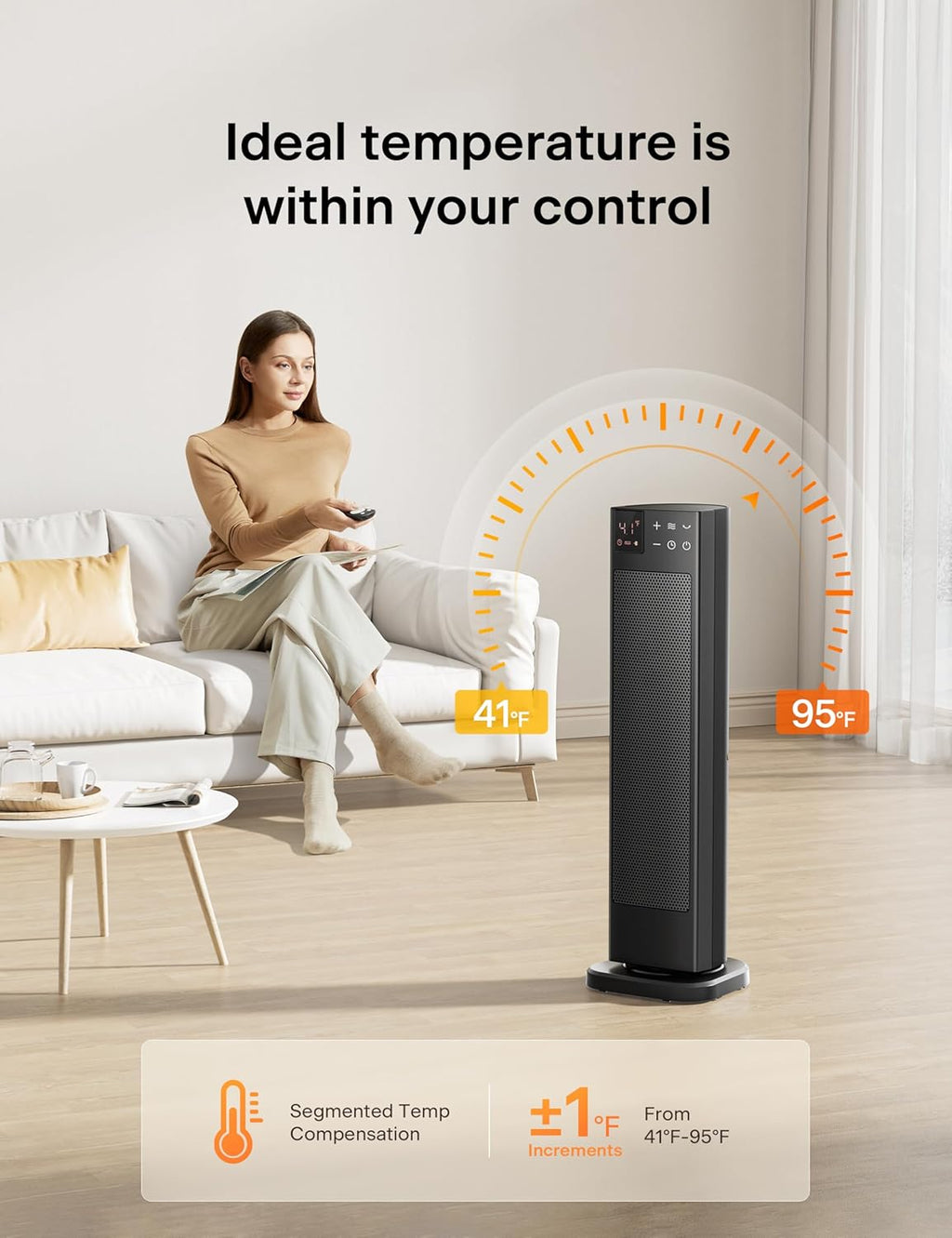 Pelonis Oscillating Ceramic Tower Heater - Programmable Thermostat & Remote Control, 1500W, 23 Inches