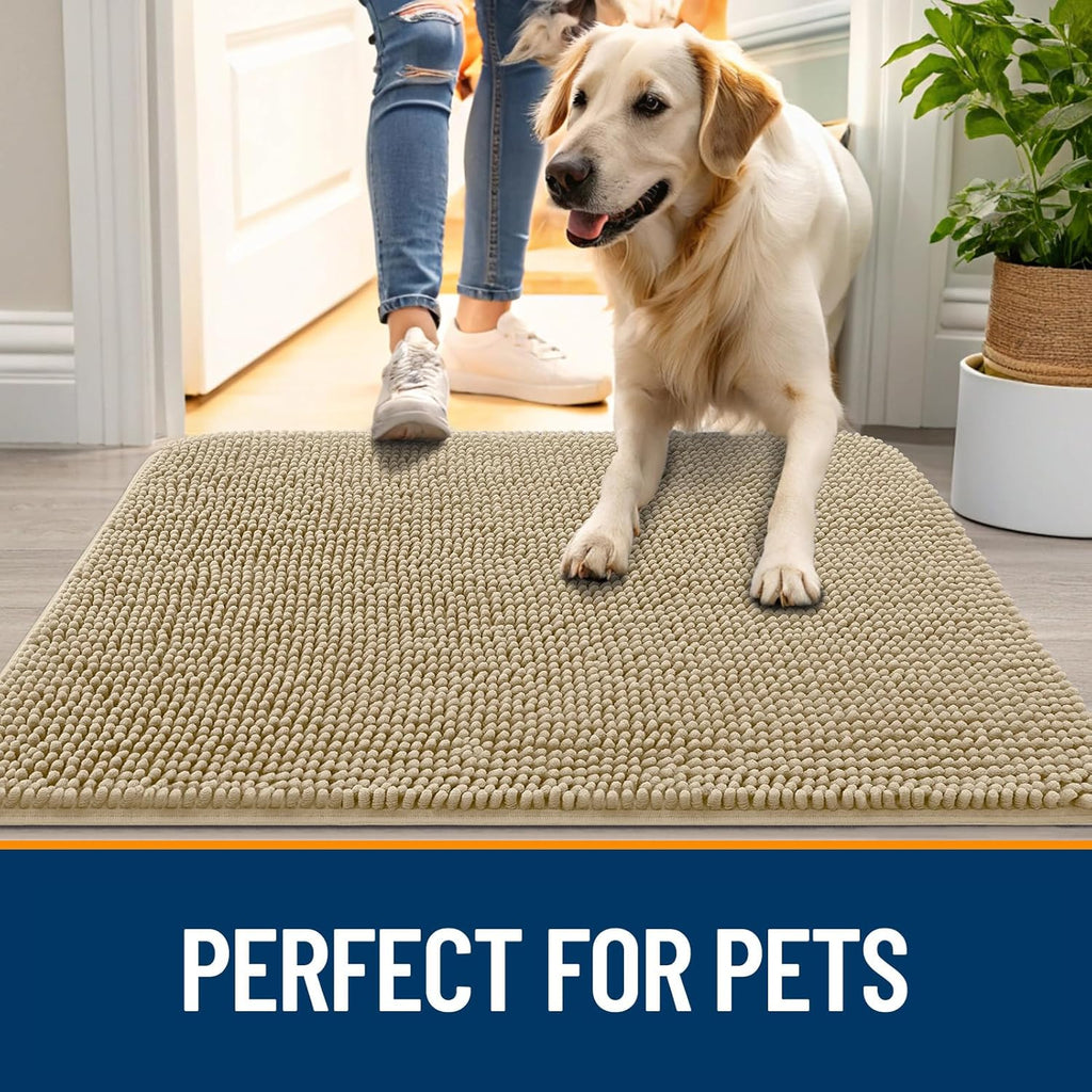 OLANLY Dog Door Mat - Absorbent Non-Slip Washable Doormat for Muddy Paws | 48x30 Beige Quick Dry Chenille