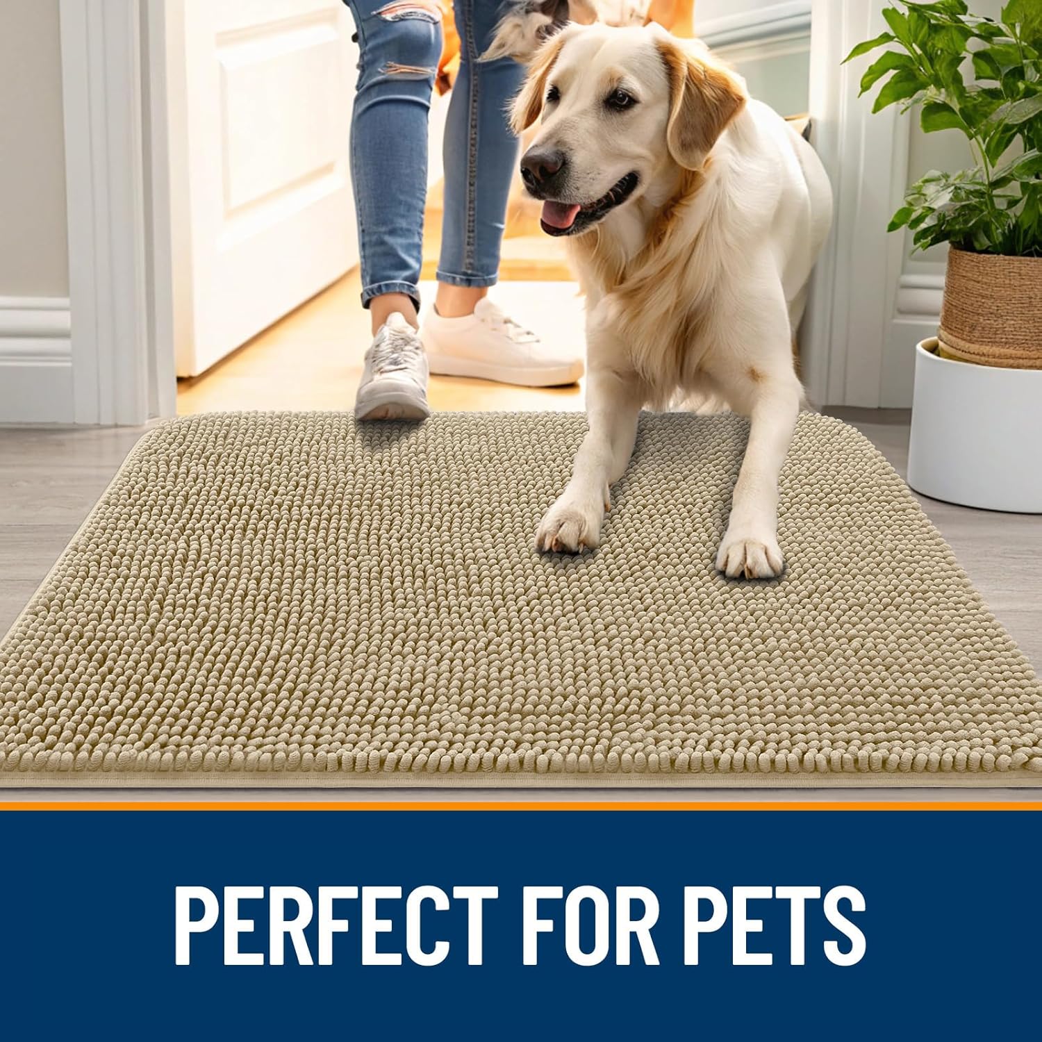 OLANLY Dog Door Mat - Absorbent Non-Slip Washable Doormat for Muddy Paws | 48x30 Beige Quick Dry Chenille