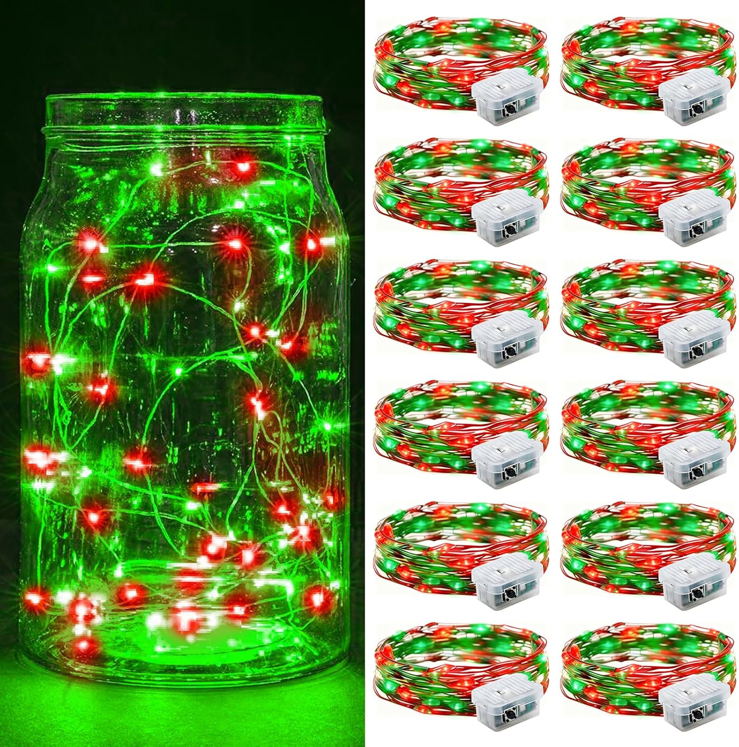 Skiennix 12 Pack Fairy Lights - 7Ft 20 LED Twinkle String Lights | Waterproof & Battery Operated for Parties, Weddings, Christmas & More - Red & Green