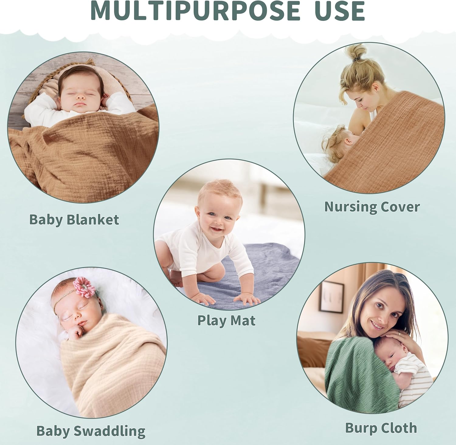 Skiennix Muslin Swaddle Blankets - Soft & Breathable 41 x 41 Inches, 2 Pack for Newborns | Gray & Green