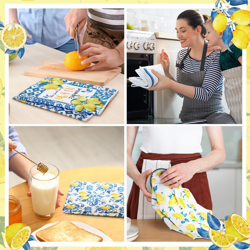 Sratte 6 Pcs Summer Lemon Kitchen Towels 24 x 16 Inch Italian Capri Tiles Lemon Dish Towels Absorbent Blue Yellow Hand Bathroom Towel Mediterranean Tea Towel for Kitchen Bath Amalfi Coast Party Decor