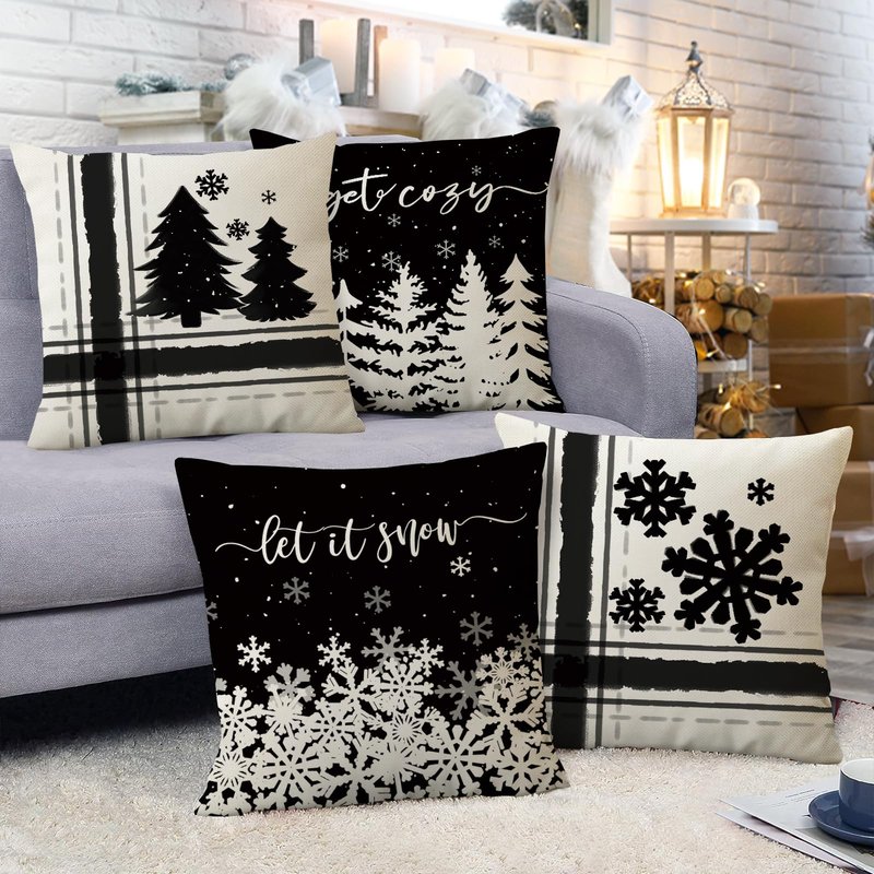 Fahrendom Winter Snowflake Decorative Throw Pillow Covers 18x18 Set of 4, Let It Snow Christmas Pine Tree Black Outdoor Pillowcase, Get Cozy Seasonal Holiday Farmhouse Cushion Case Home Decor