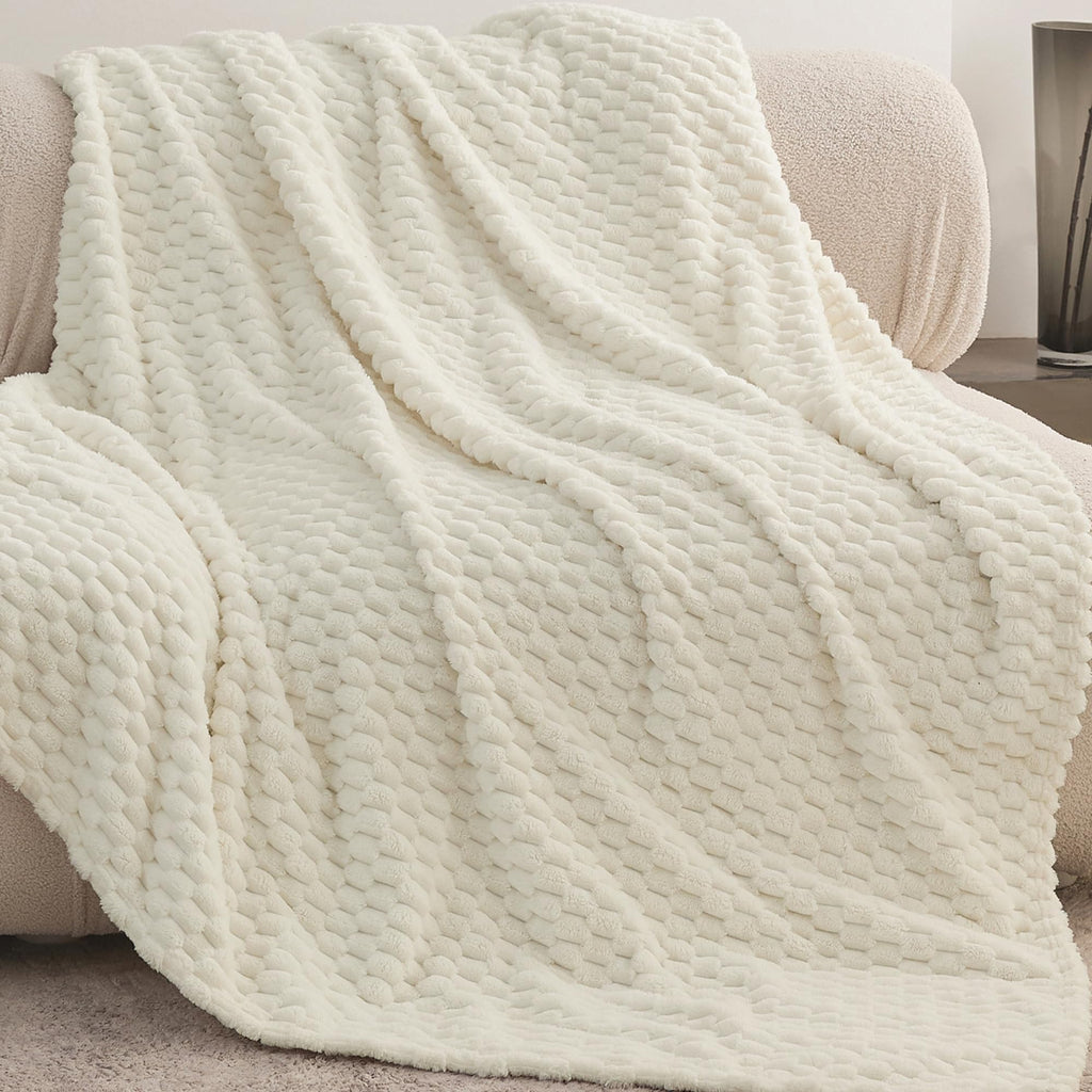 KORBLISS Super Soft Fleece Twin Blanket 50x70 Inches for Couch, Premium Silky with 3D Imitation Turtle Shell Jacquard Decorative Blankets, Lightweight and Cozy for Sofa.Ivory
