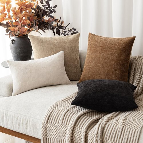 Foindtower Pack of 2 Textured Chenille Throw Decorative Pillow Covers Square Accent Solid Cushion Cover Neutral Farmhouse Pillow Case for Couch Sofa Bedroom Living Room 18x18 Inch,Taupe Khaki Camel