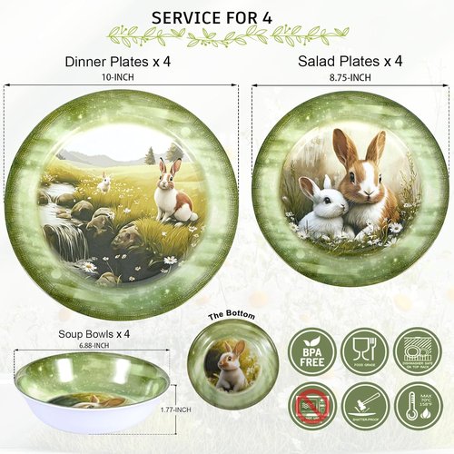 Green Bunny 12-Piece Melamine Dinnerware Set - Lightweight Shatterproof Plates & Bowls for 4, Ideal for Picnics & Outdoor Parties