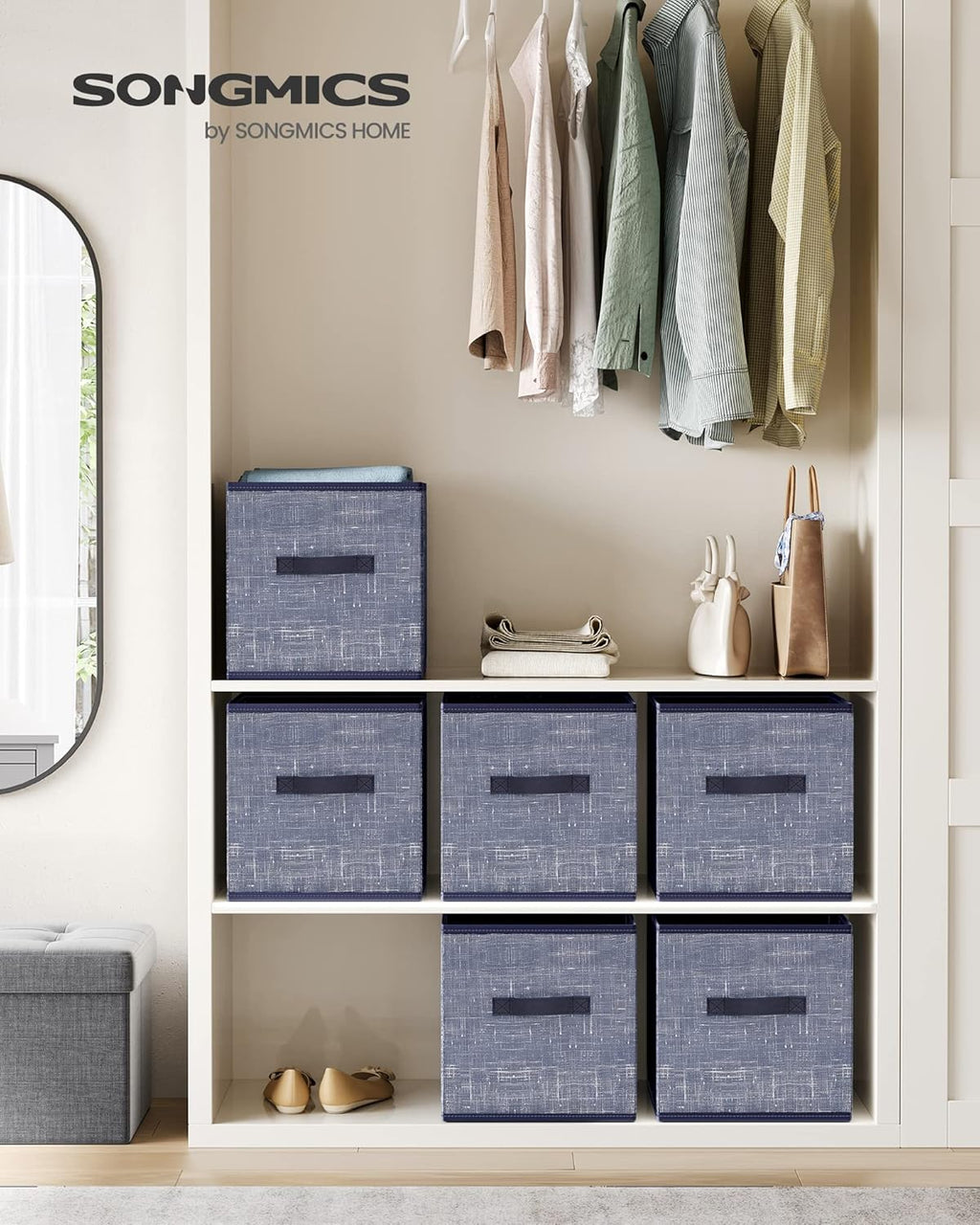 SONGMICS Storage Cubes - 13-Inch Non-Woven Fabric Bins with Double Handles - Set of 6, Misty Blue Closet Organizers