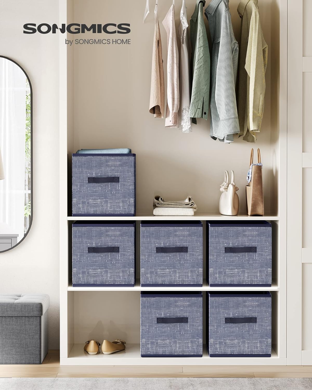 SONGMICS Storage Cubes - 13-Inch Non-Woven Fabric Bins with Double Handles - Set of 6, Misty Blue Closet Organizers