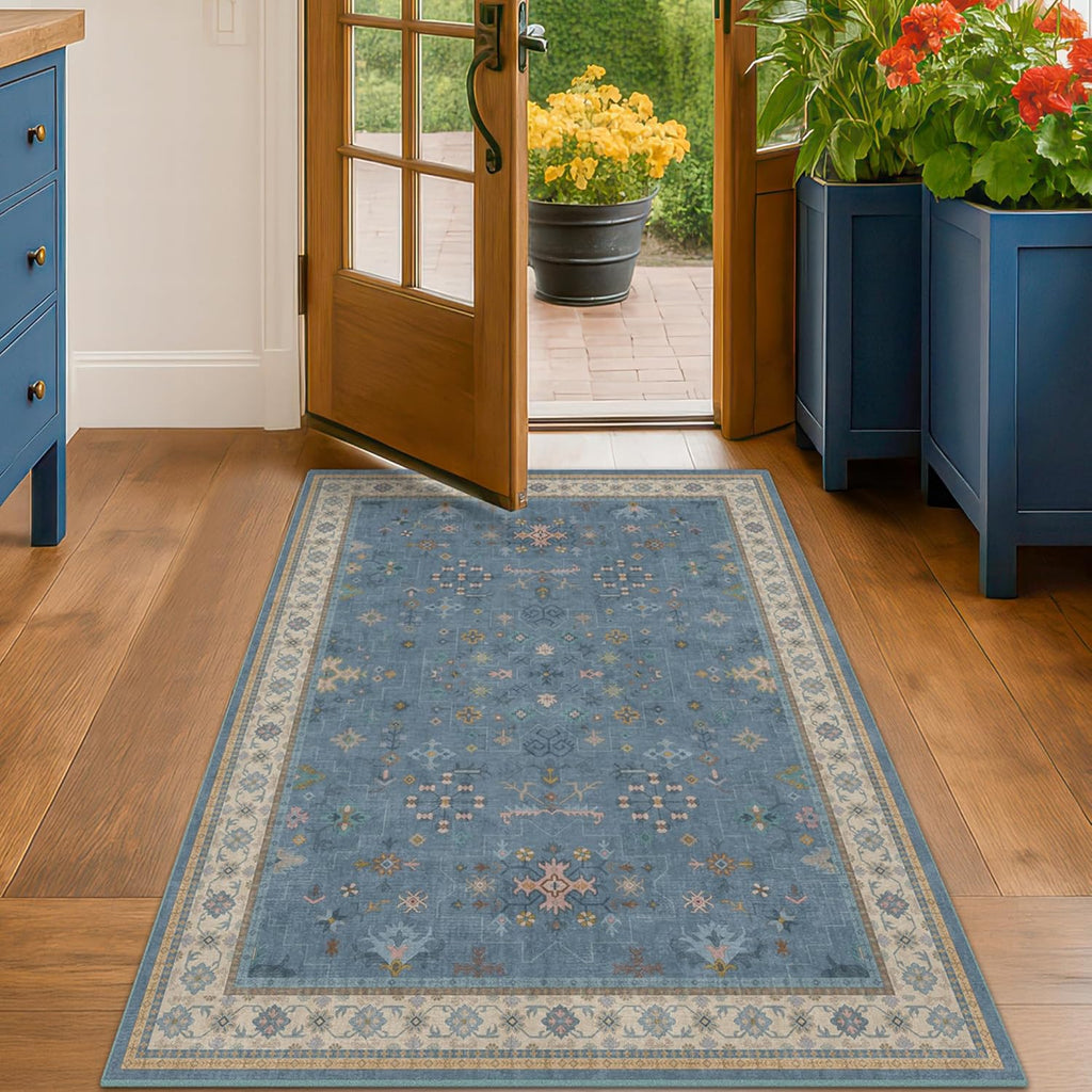 Regine Switzerland Washable Blue Entryway Rug - 3x5 Non-Slip Throw Rug for Kitchen, Bedroom, Mudroom