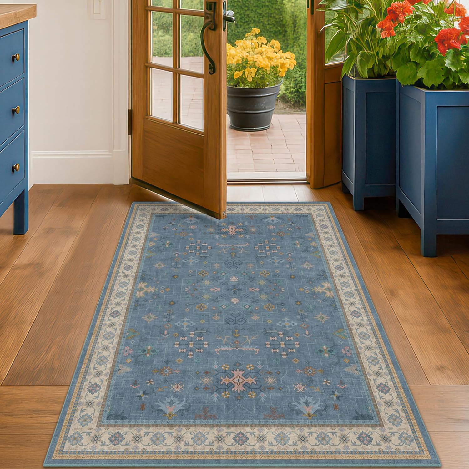 Regine Switzerland Washable Blue Entryway Rug - 3x5 Non-Slip Throw Rug for Kitchen, Bedroom, Mudroom