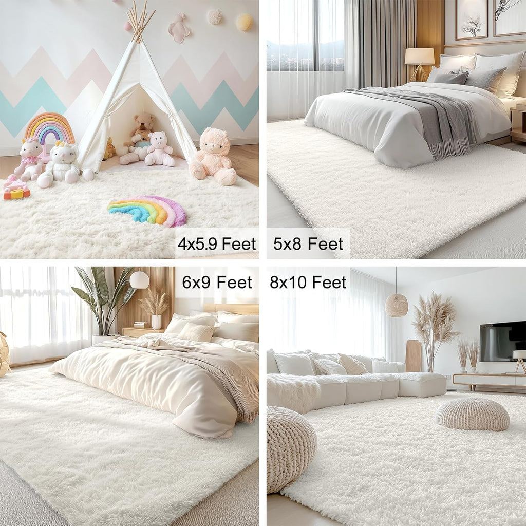 OLANLY Area Rug - Soft Fluffy Shaggy Carpet for Living Room & Bedroom | Machine Washable Ivory 4x7