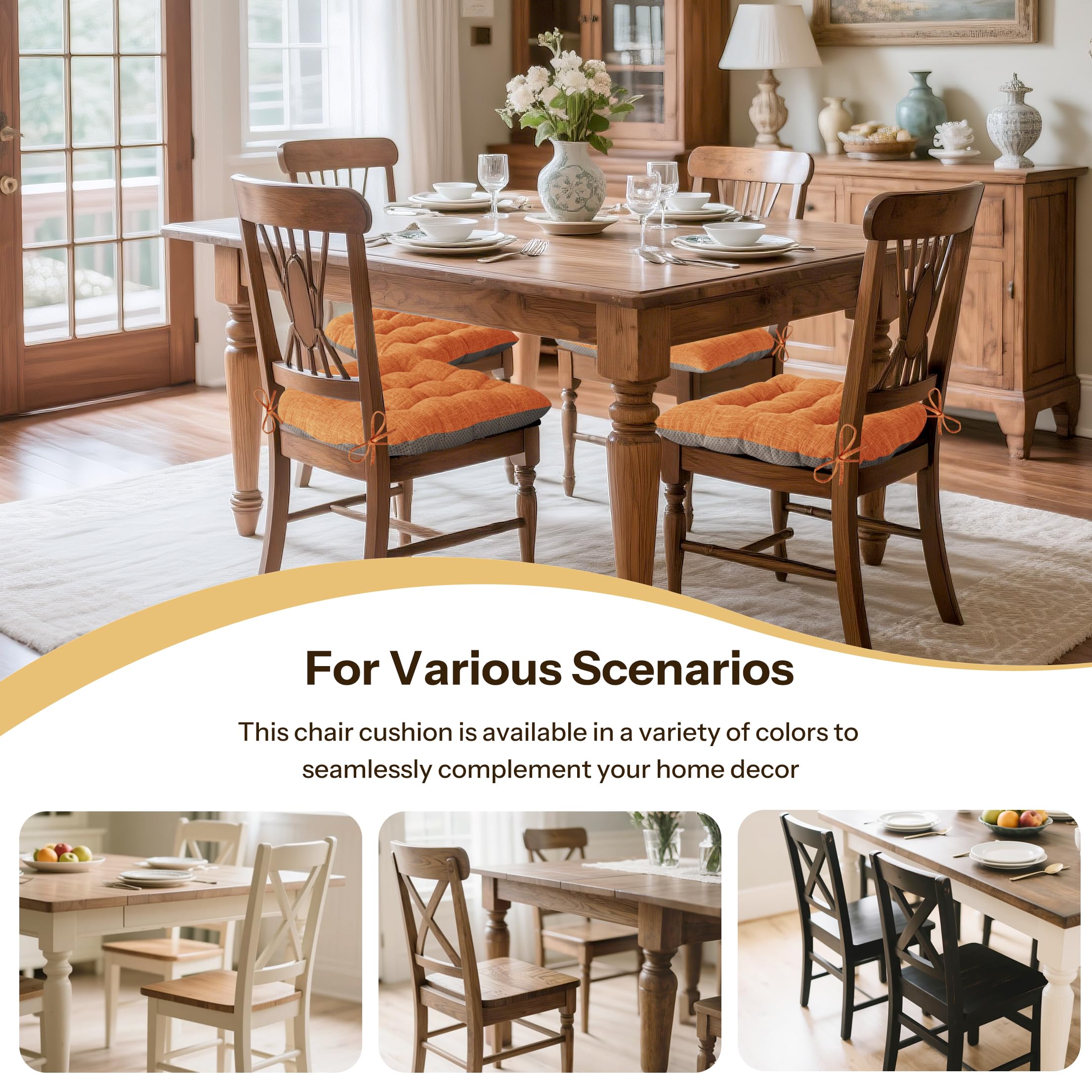 FlyGulls Non Slip Chair Cushions for Dining Chairs Set of 4 Kitchen Chair Cushions 18"x18"x3" Turfted Chair Pads Comfortable and Soft Seat Cushion with Ties, Orange