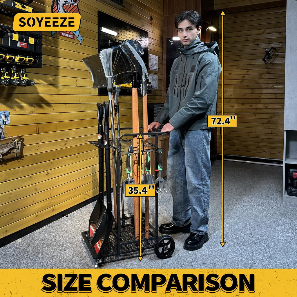SOYEEZE Garden Tool Organizer - Heavy Duty 3-Tier Yard Tower Rack with Large Wheels | Holds 35 Tools