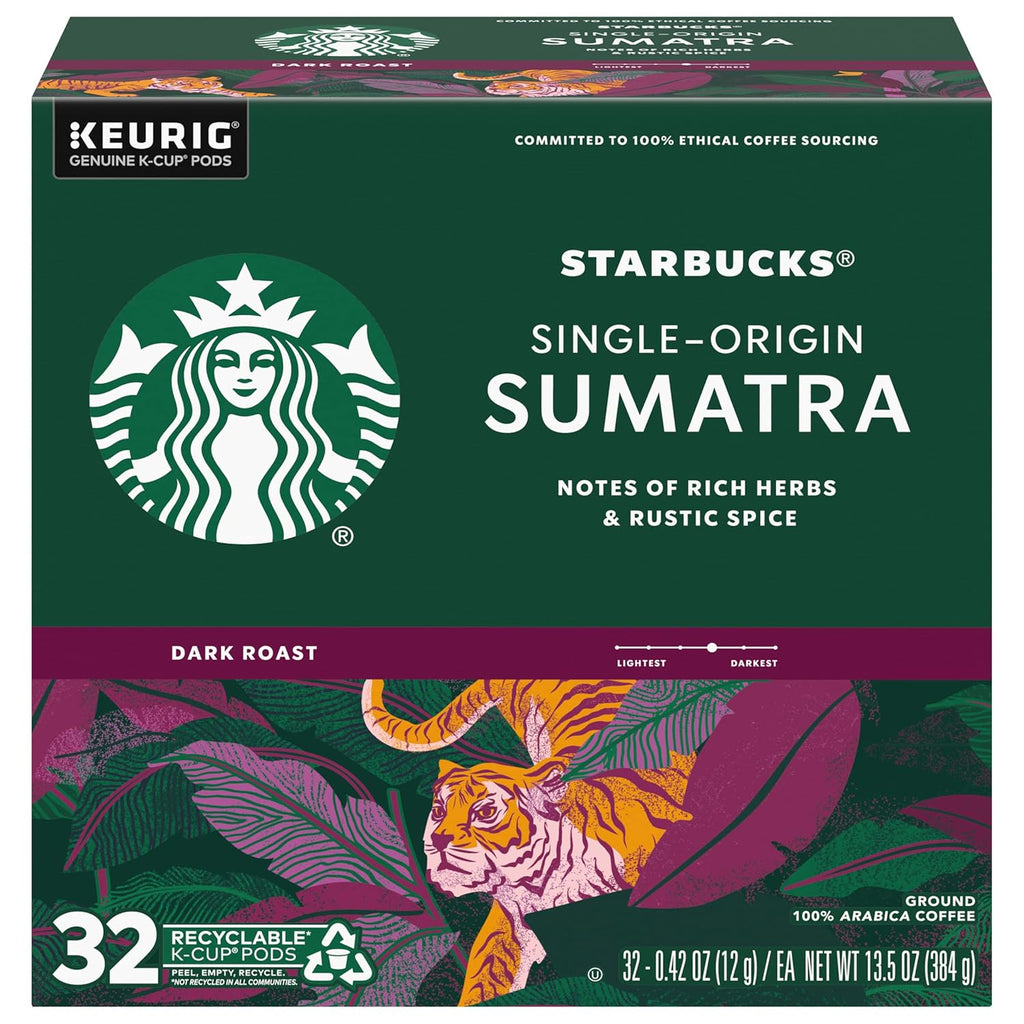 Starbucks K-Cup Pods - Sumatra Dark Roast Coffee - Single-Origin, 32 Count (Pack of 4)