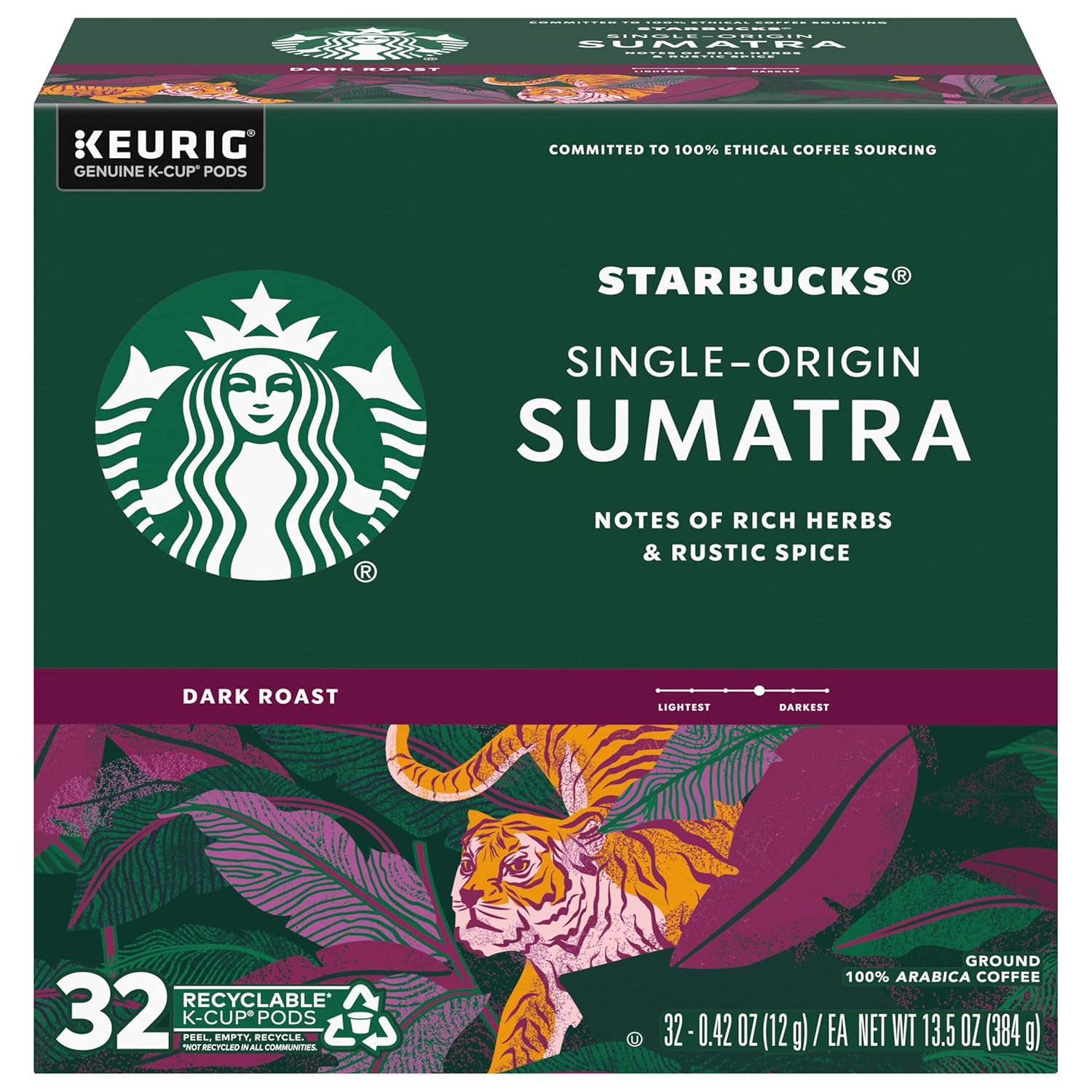 Starbucks K-Cup Pods - Sumatra Dark Roast Coffee - Single-Origin, 32 Count (Pack of 4)