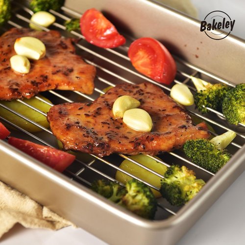 Bakeley 13-Inch Nonstick Roasting Baking Pan with Wire Rack(1Pan & 1Rack), Non-Stick Rectangular Deep Dish Oven-BBQ Bakeware for Oven Baking 13.78" x 9.84" x 2.36" (Champagne Gold)
