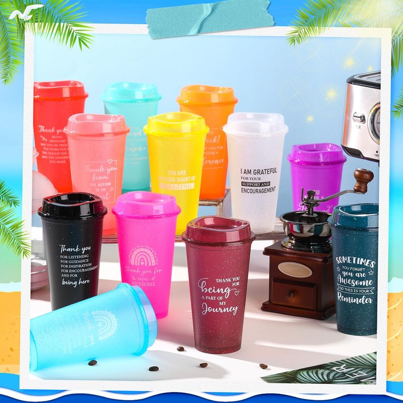Skylety 96 Pcs Thank You Gifts 16 oz Coffee Cups Bulk Employee Appreciation Gift Inspirational Tumbler with Lid Reusable Plastic Coffee Cup for Coworker Staff Women Teacher (Classic Colors)