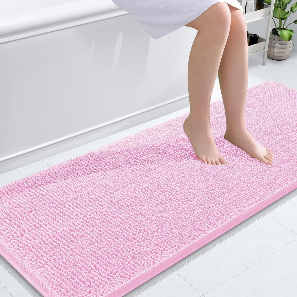OLANLY Bathroom Runner Rugs - Extra Soft Chenille Bath Mats | Quick Dry, Machine Washable, 59x24, Pink