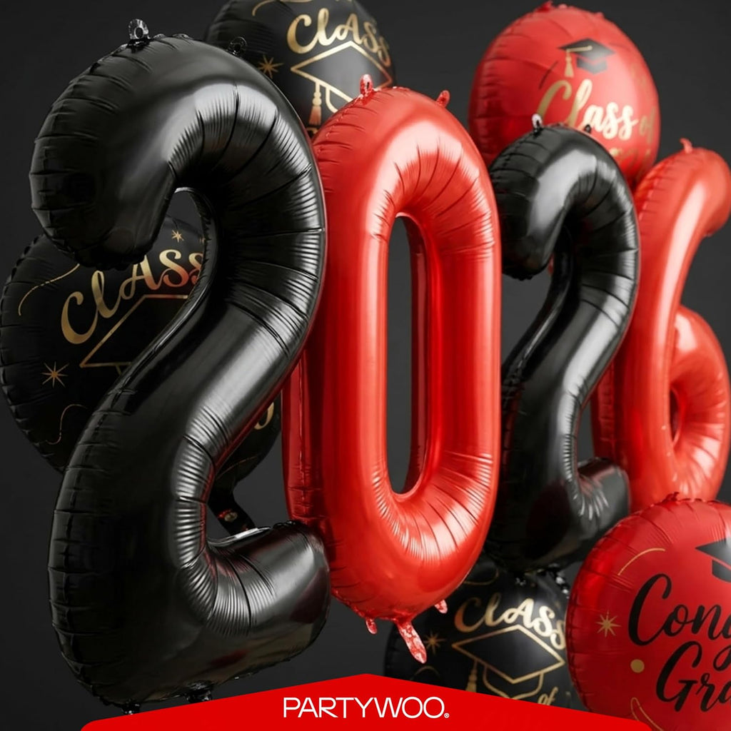 PartyWoo Graduation Balloons - Class of 2026 Foil Number & Mylar Balloons | Black, Red, Gold, 12pcs Set