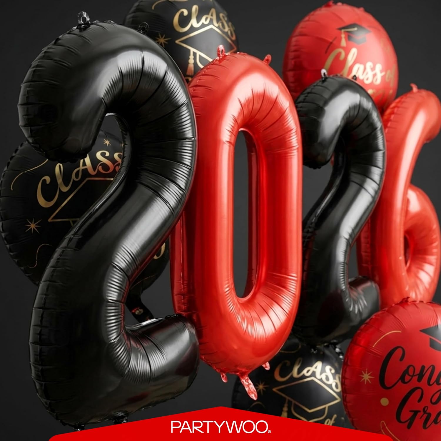 PartyWoo Graduation Balloons - Class of 2026 Foil Number & Mylar Balloons | Black, Red, Gold, 12pcs Set