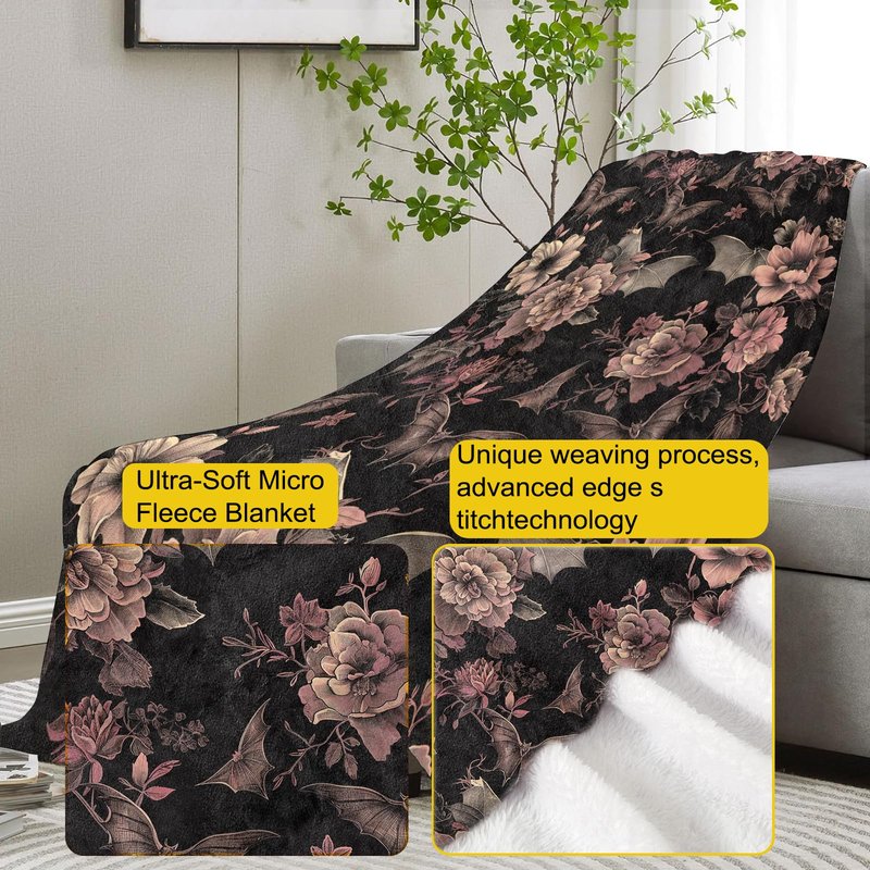 VANZEV Gothic Blanket, Floral and Bat Flannel Throw Blankets,Soft Warm Lightweight Cozy Plush Halloween Goth Throws for Bedroom Sofa Home Decor Gifts for Women Girls 50"x40"