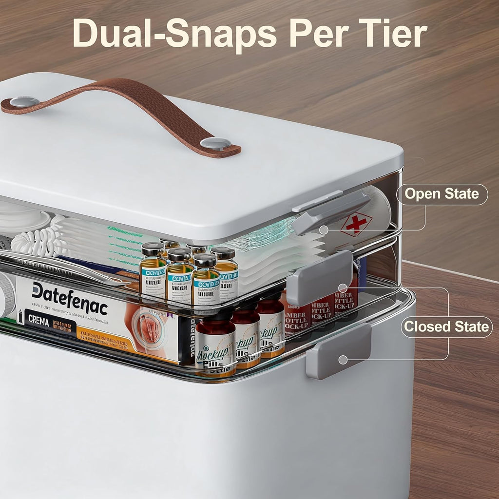 Spreezy 3-Tier Medicine Organizer - Portable Stackable Storage Box with Clear Compartments for Pills & First Aid