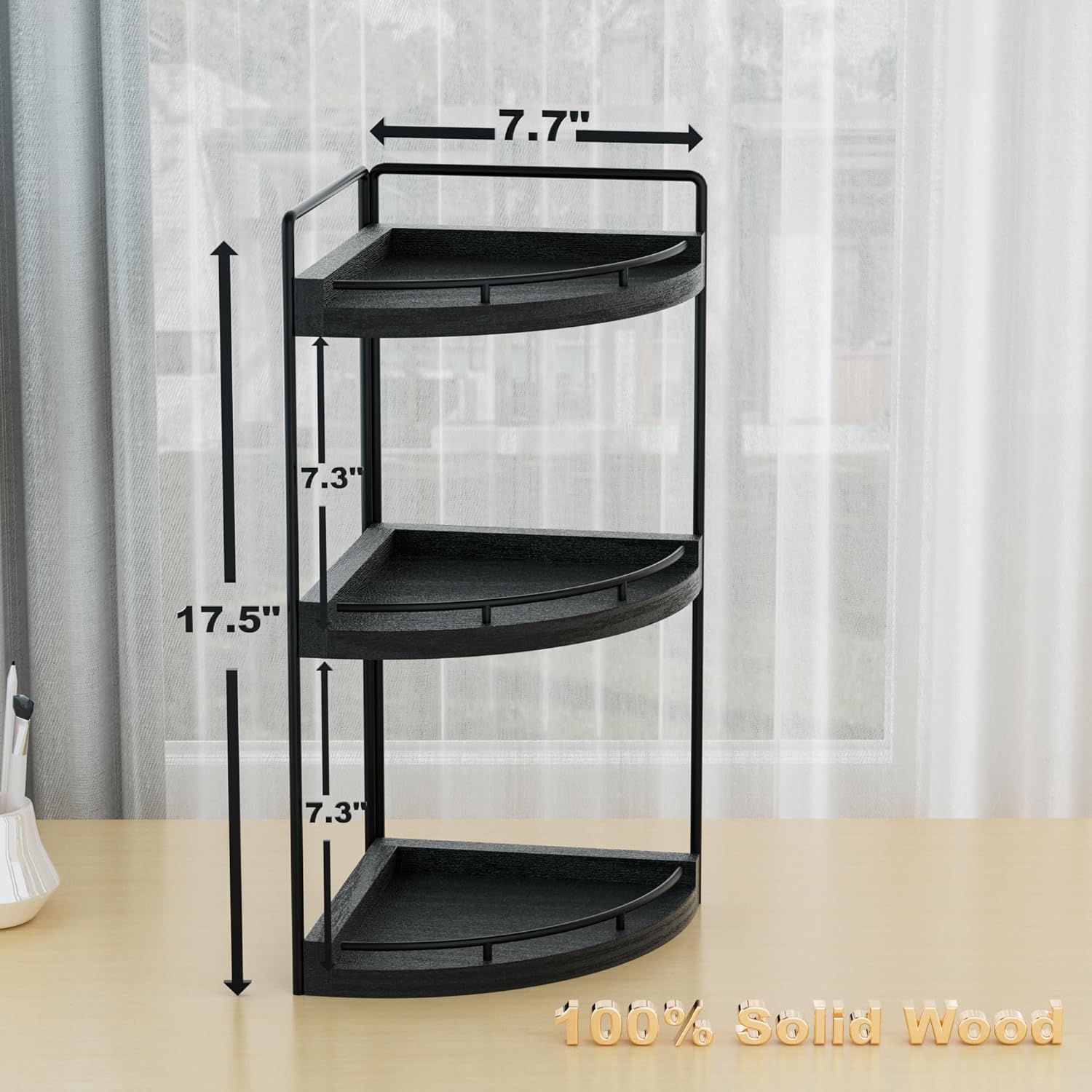 Skiennix Corner Bathroom Counter Organizer - 3-Tier Wood Vanity Shelf for Skincare & Makeup (Black)