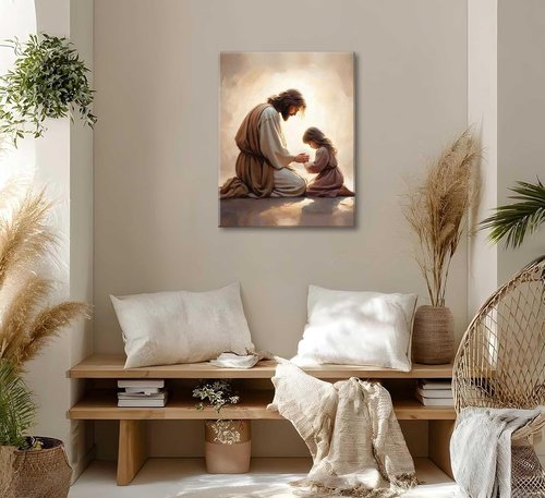 Jesus Praying with Girl Canvas Wall Art - Christian Spiritual Decor for Home & Church | Framed Bible Story Print