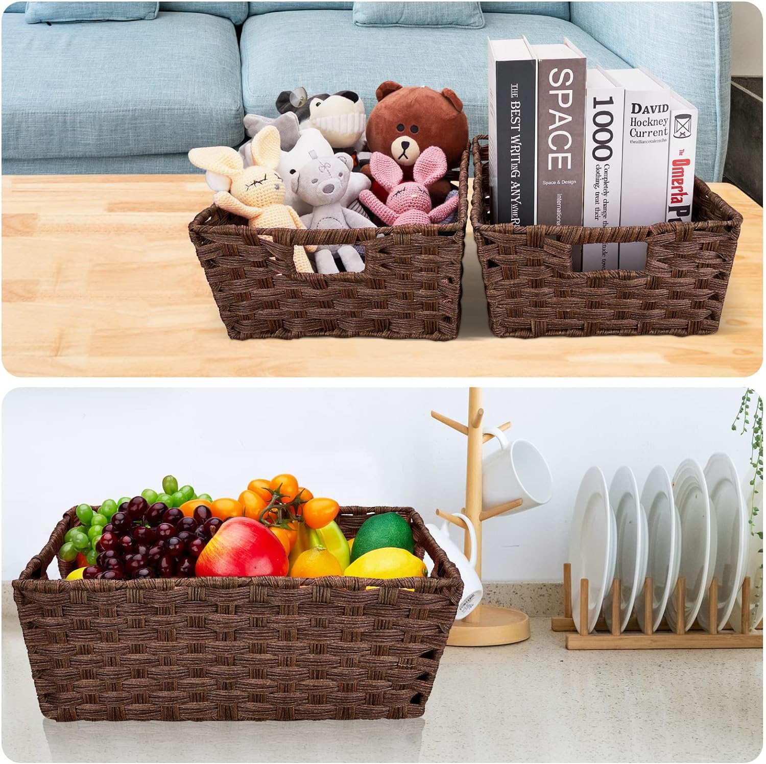 Onlytak Large Wicker Storage Basket Set - Washable Waterproof Design | 15" x 10.3" x 5.2" | Brown Color for Home & Patio