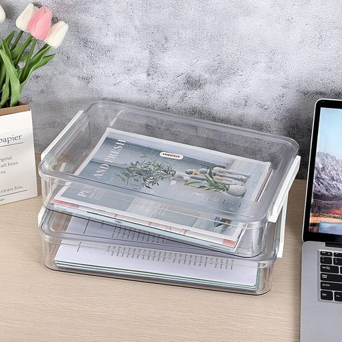 BTSKY Plastic Storage Containers - 2 Pack Portable Document Organizers with Lids | Stackable A4 File Boxes (Big, White)