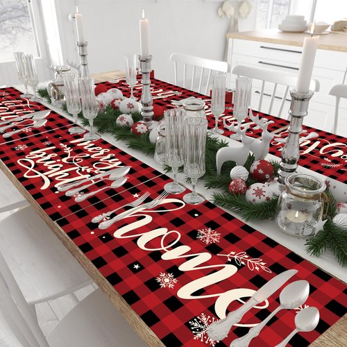 7 Pieces Christmas Table Runner and Placemats Set 13 × 72 Inch Table Runner with 12 × 18 Inch Placemats Christmas Buffalo Plaid Dining Mat for Holiday Xmas Kitchen Decor(Artsy Style)