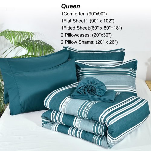 PHF 7 Pieces Queen Comforter Set, Striped Bed in A Bag, Teal Green Stripe Bedding & 18" Deep Pocket All Season, Ultra Soft Bedding Sets with Comforter, Sheets, Pillowcases & Shams