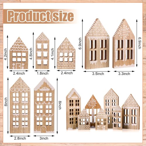 Briwooody Christmas Village Houses Set - 7 Pcs Wooden Gingerbread Decor for Home & Office | Winter Shelf Ornament