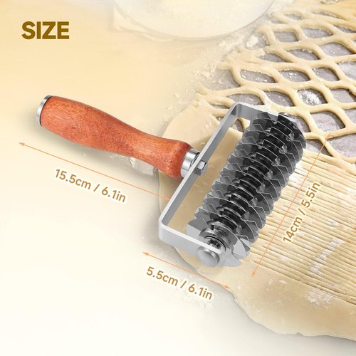 WarmHut Pastry Lattice Roller Cutter, Stainless Steel Dough Cutter Wheel with Wood Handle, Time-Saver Baking Tools for Beef Wellington Pie Crust Pizza Bread, JKUS20408