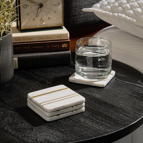 Cork & Mill Marble Coasters Set of 6 - Real Natural Stone - Luxury Aesthetic Square Coasters - Neutral White Marble with Gold Brass Inlay - Semi Absorbent Stone