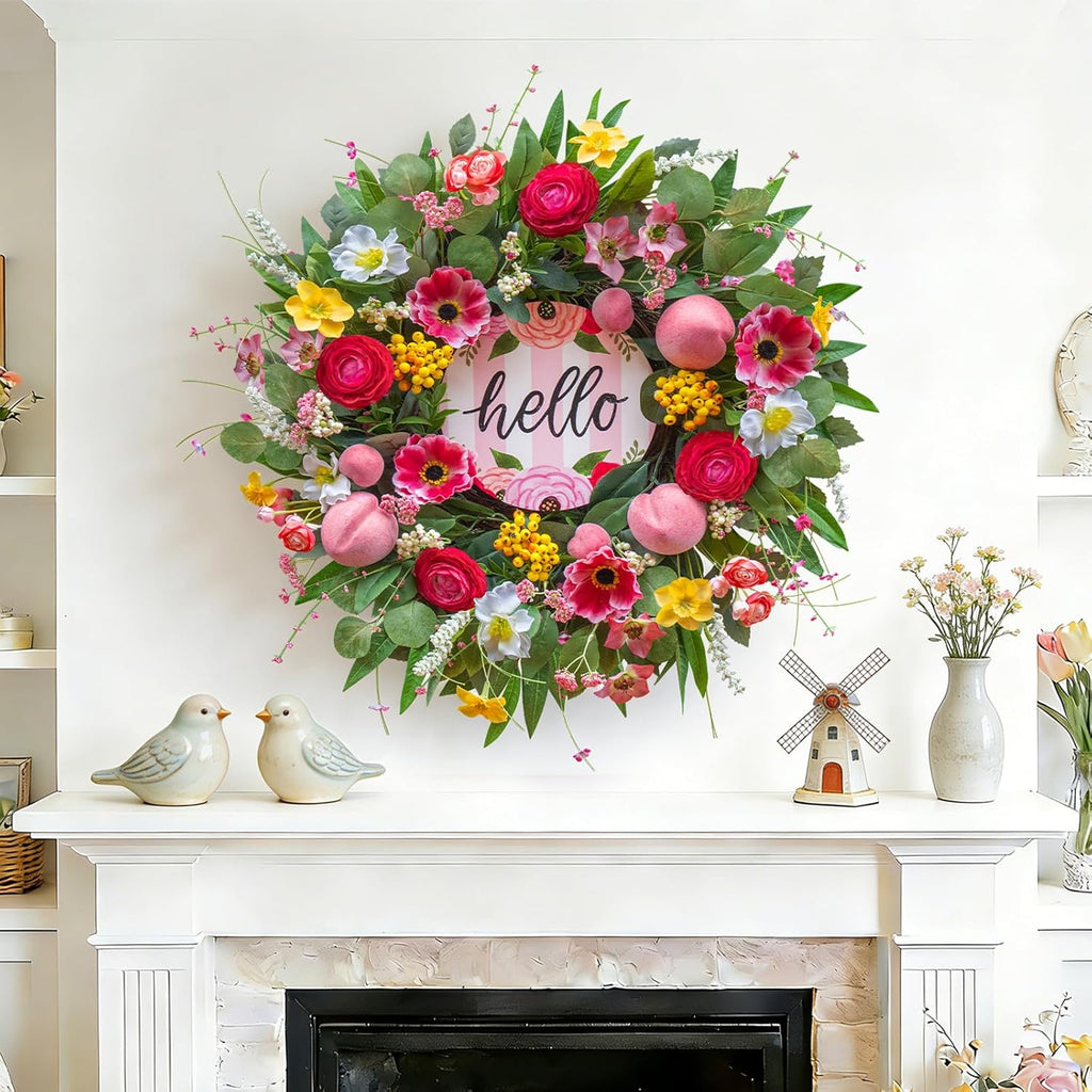 Spring Wreaths - 24 Inch Artificial Summer Wreath with Pink Roses, Cherry Blossom & Berries | Hello Sign for Indoor/Outdoor Farmhouse Decor