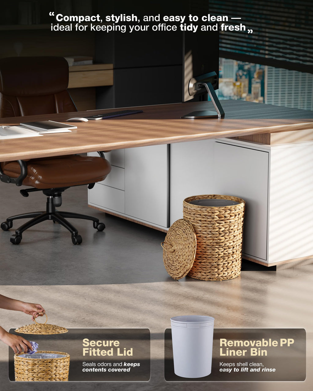 BLUEWEST 4.5 Gallons Wicker Trash Can with Lid, Handwoven Rattan Trash Can, Woven Decorative Wastebasket, Wicker Waste Basket with Removable Plastic Inner Bin for Bathroom, Bedroom, Office, or Kitchen