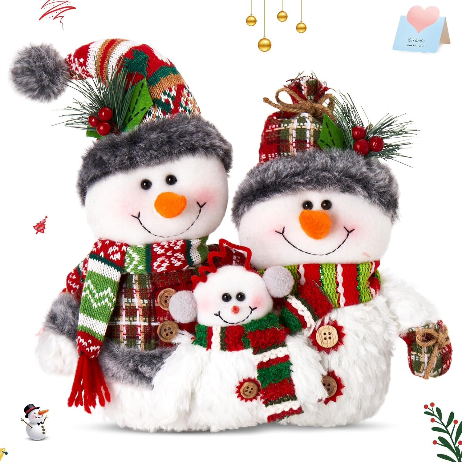 WEWILL 12'' Christmas Snowman Figurine - Cozy Family Decor for Holiday Tabletop & Tree
