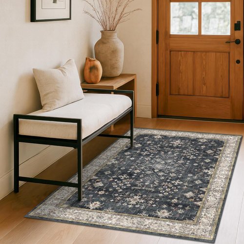 Boho Washable 4x6 Entryway Rug - Non-Slip Geometric Area Rug for Living Room & Office - Ultra Soft Black & Multi