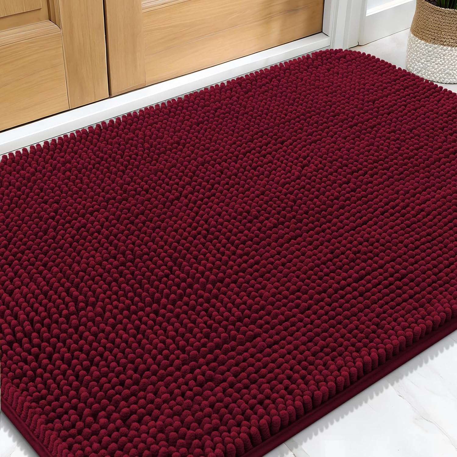 OLANLY Dog Door Mat - Absorbent Non-Slip Chenille Doormat for Muddy Paws | 32x20, Burgundy