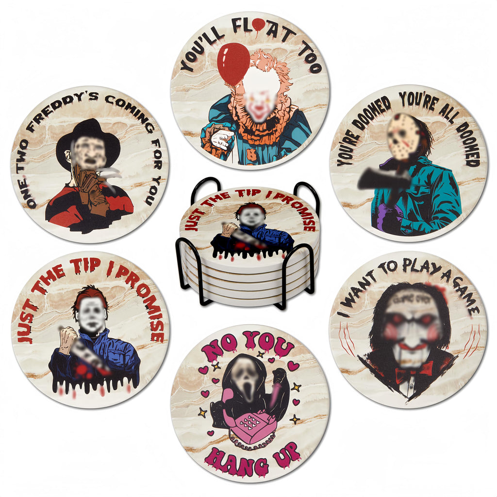 Scary Halloween Decor for Kitchen and Home,Spooky Character Stone Cork Coasters for Coffee Table Drinks,6 Pcs Scary Killer Coaster Set with Holder,Scream Themed Gift and Party Decor
