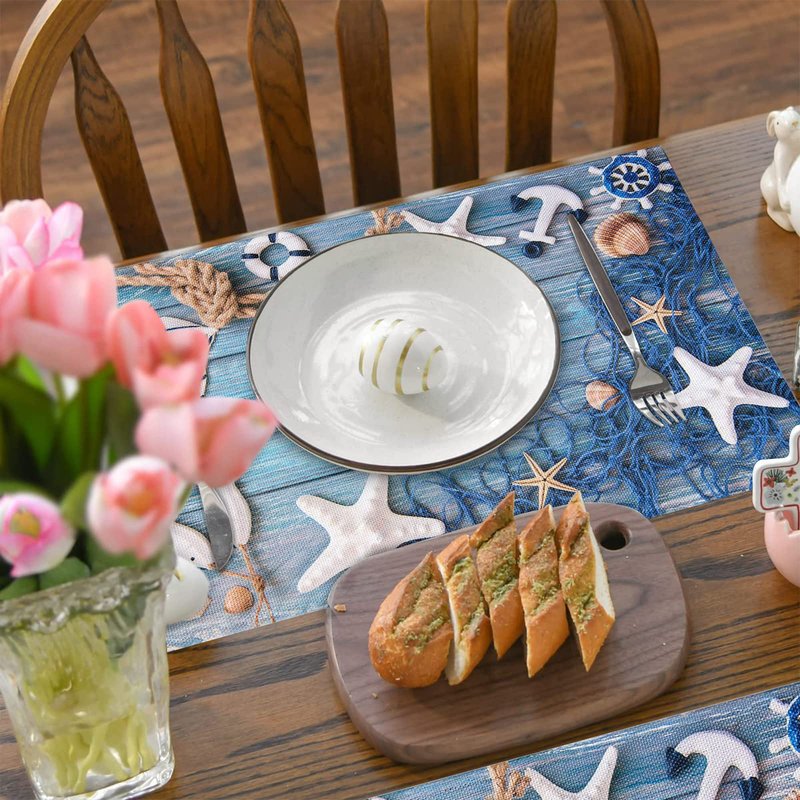 Blue Placemats Set of 8, Summer Nautical Theme Starfish Shell Fishnet Non Slip Heat Resistant Linen Fabric Cloth Place Mats, Washable Holiday Party Dining Table Mats for Coastal Home Kitchen Decor