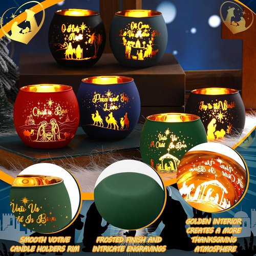 Jingmore Christmas Nativity Scene Votive Candle Holders - 6 Pcs Glass Set with Laser Engraved Designs for Holiday Decor