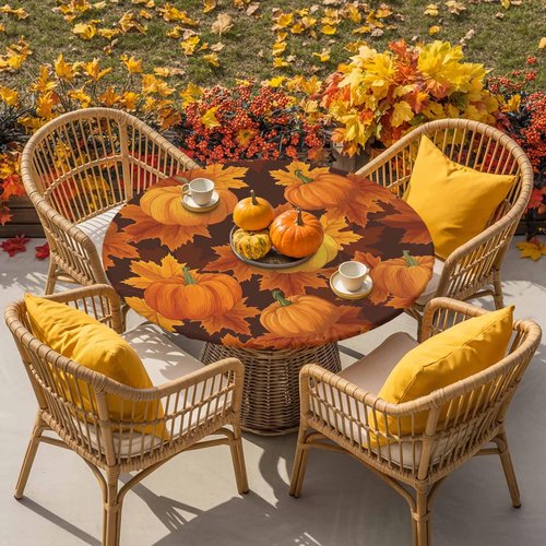 Thanksgiving Pumpkin Maple Leaves Round Table Cloth Fitted Tablecloth,Fall Table Cover with Elastic Edge Waterproof Table Cloth,Autumn Harvest Circle Table Covers for Kitchen Indoor Outdoor 45-54in