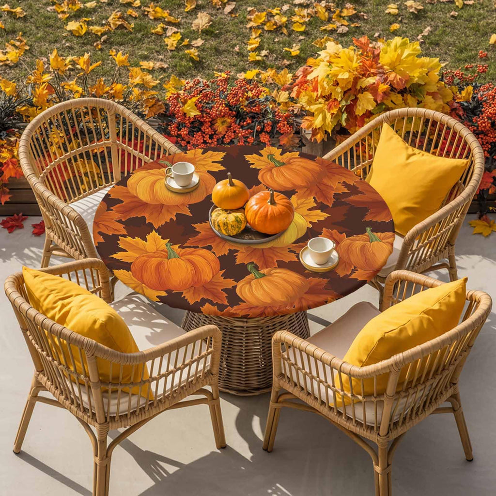 Thanksgiving Pumpkin Maple Leaves Round Table Cloth Fitted Tablecloth,Fall Table Cover with Elastic Edge Waterproof Table Cloth,Autumn Harvest Circle Table Covers for Kitchen Indoor Outdoor 45-54in