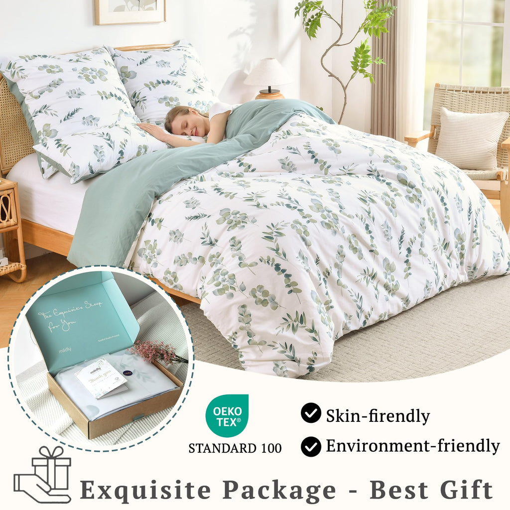 MILDLY King Duvet Cover Sage Green - 100% Washed Cotton Eucalyptus Printed Linen Feel Comforter Cover 3pcs with Zipper Closure Corner Ties