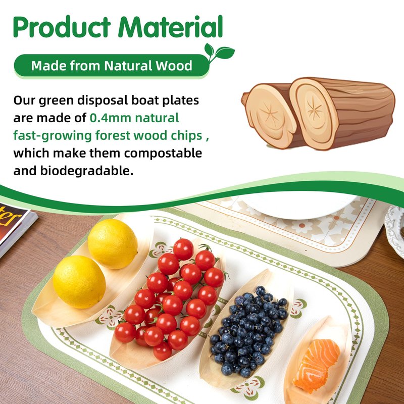 Suwodpak 200-Pack Wooden Disposable Plates 5 IN Boat Plates Food Trays Disposable Dessert Plates Disposable Food Boats for Party Weddings Picnic (Actual Size Used: 2.95" D x 1.73" W x 0.59" H)