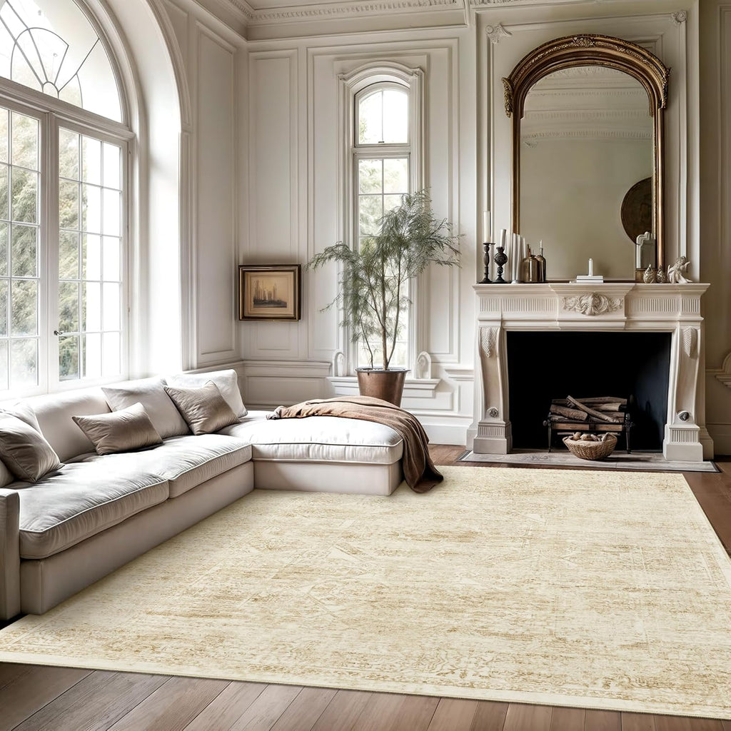 Soalmost Washable Area Rug - Large Vintage Beige 8x10 Soft Rug for Living Room & Bedroom | Non-Slip Design